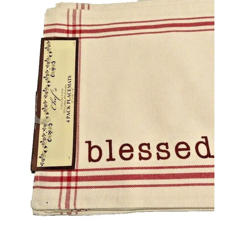 Chef's Collection Blessed Fabric Placemats Set of 4 Ecru Red Machine Wash